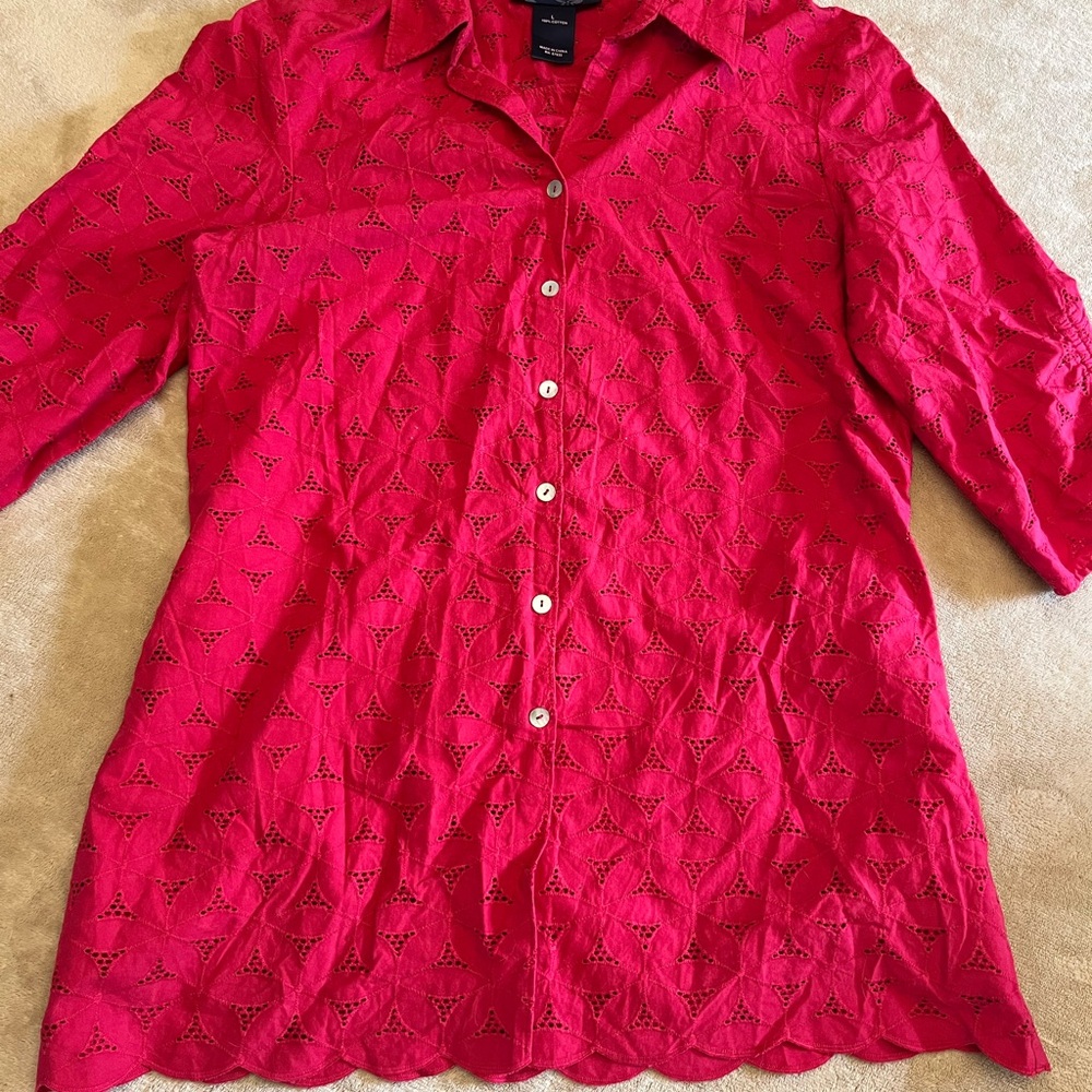 Susan Graver red cotton button up shirt